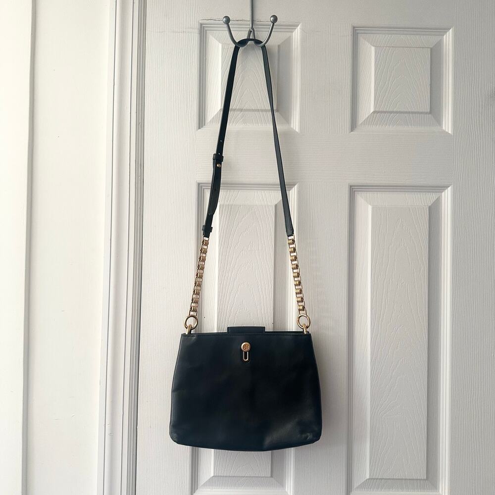 Tory Burch Lily Black Leather Slim Multi Pocket Gold Chainlink Crossbody Handbag